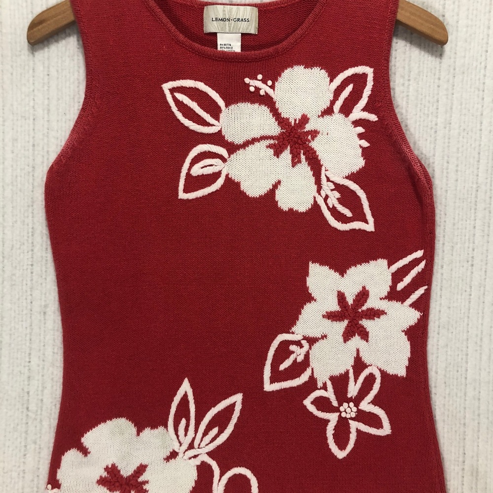 Lemon Grass Red Hibiscus Floral Knit Sleeveless Sweater Tank Top Small